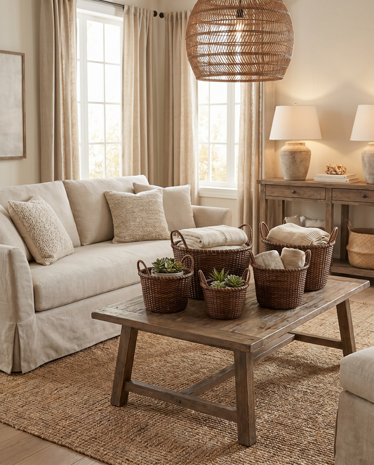 Woven rattan produce baskets with loop handles on a coffee table