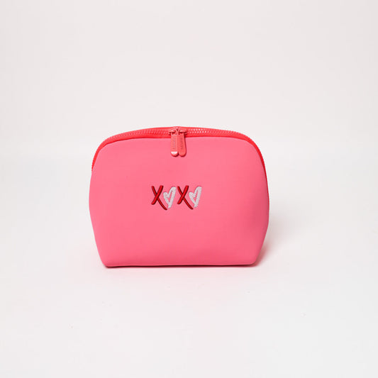 Neon pink makeup pouch set with XOXO heart logo and top zippers