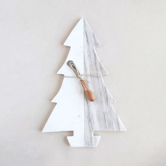 Marble tree-shaped cheese and cutting board with canape knife