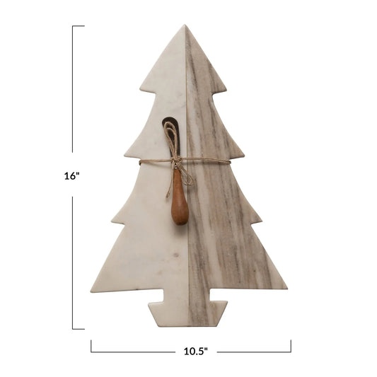 Tree-shaped marble cheese and cutting board with canape knife