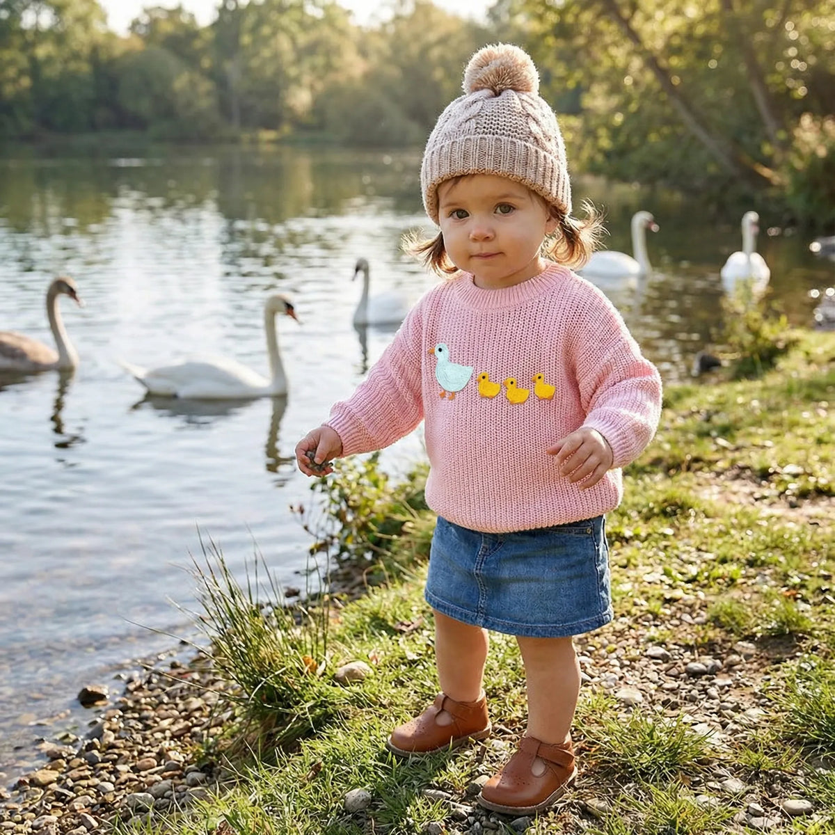 Pink baby knit sweater with embroidered marching ducks, worn with a knit pom hat