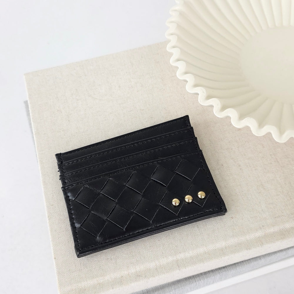 Small woven card holder wallet, black with diamond pattern and 3 gold snap studs