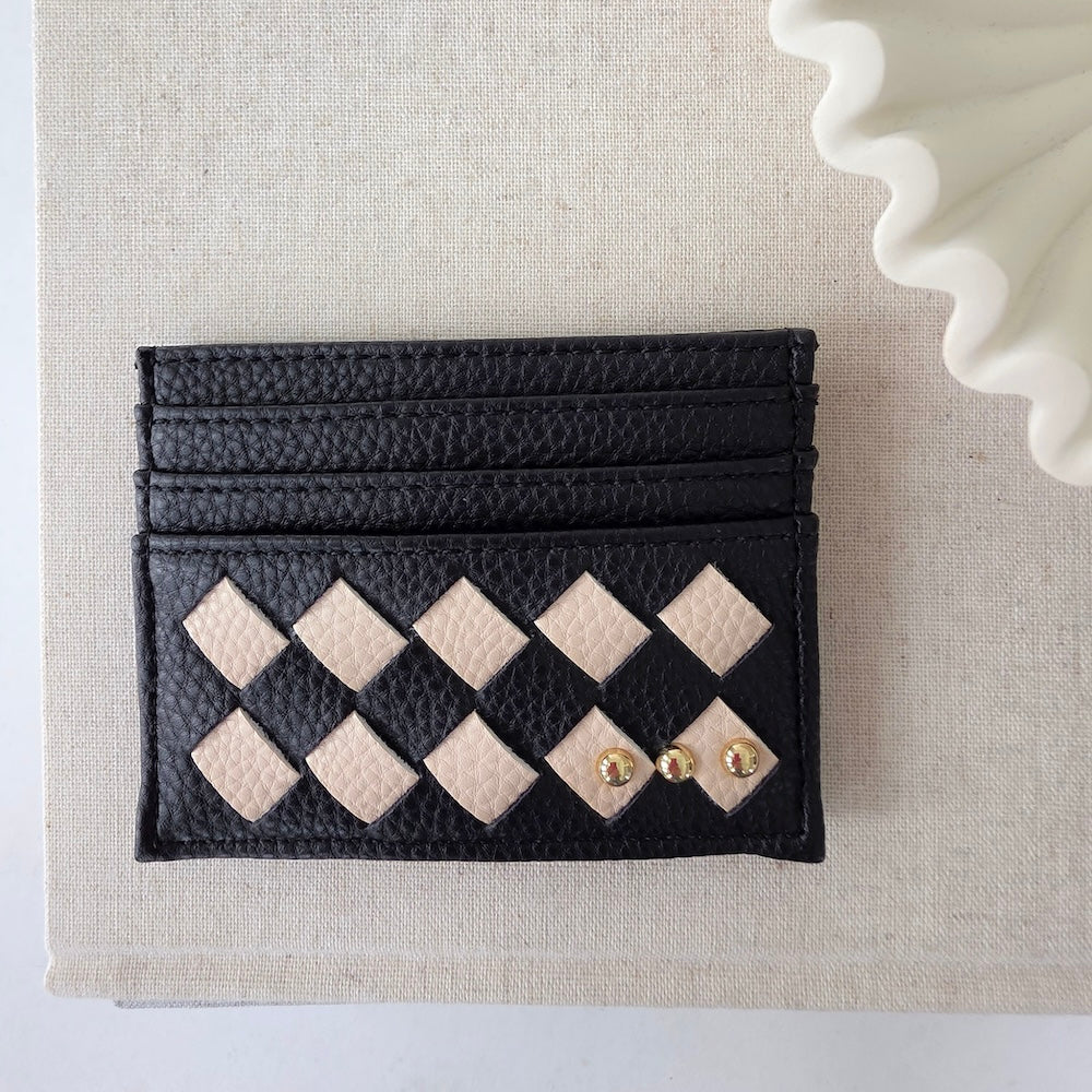 Small woven card holder wallet, black with cream diamond pattern and 3 gold snap studs