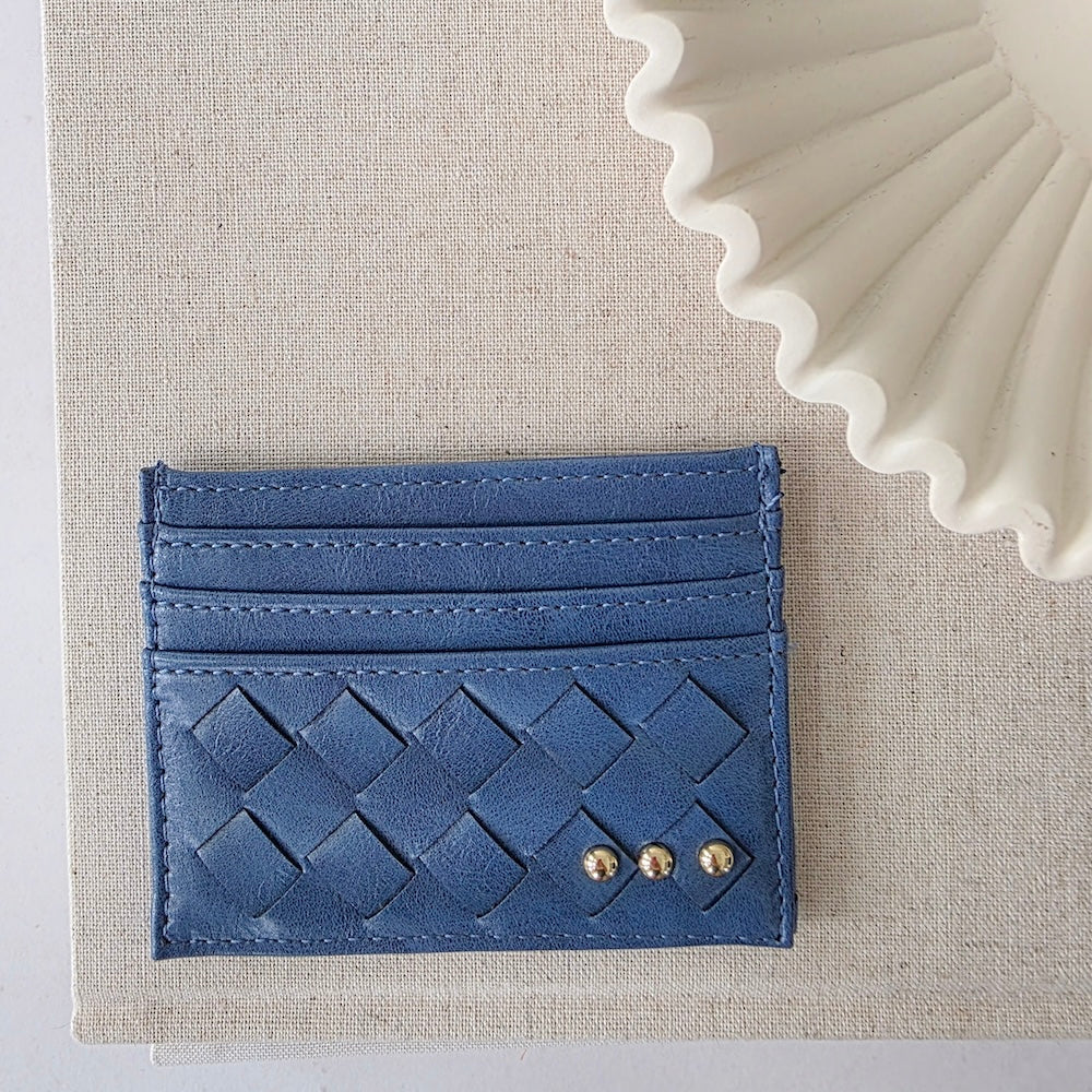 Small woven card holder wallet, blue with diamond pattern and 3 gold snap studs