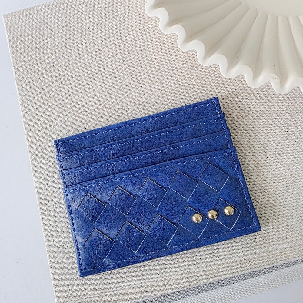 Small woven card holder wallet, cobalt blue with diamond pattern and 3 gold snap studs