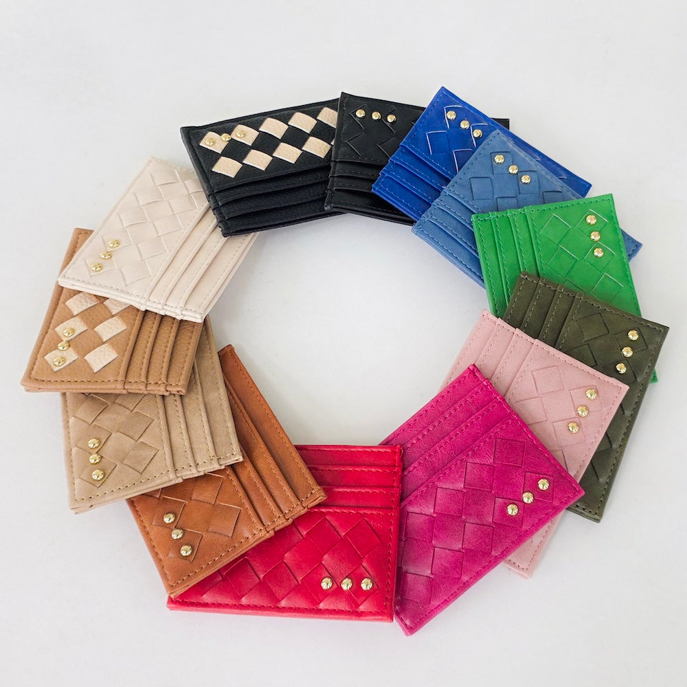Woven small card holder wallet set in assorted colors with gold studs.