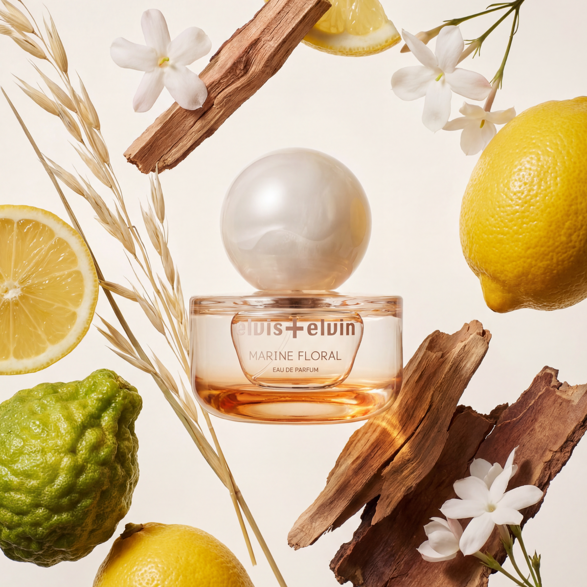 Marine floral eau de parfum bottle with white flowers and lemon slices