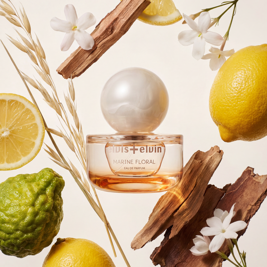 Marine floral eau de parfum bottle with white flowers and lemon slices