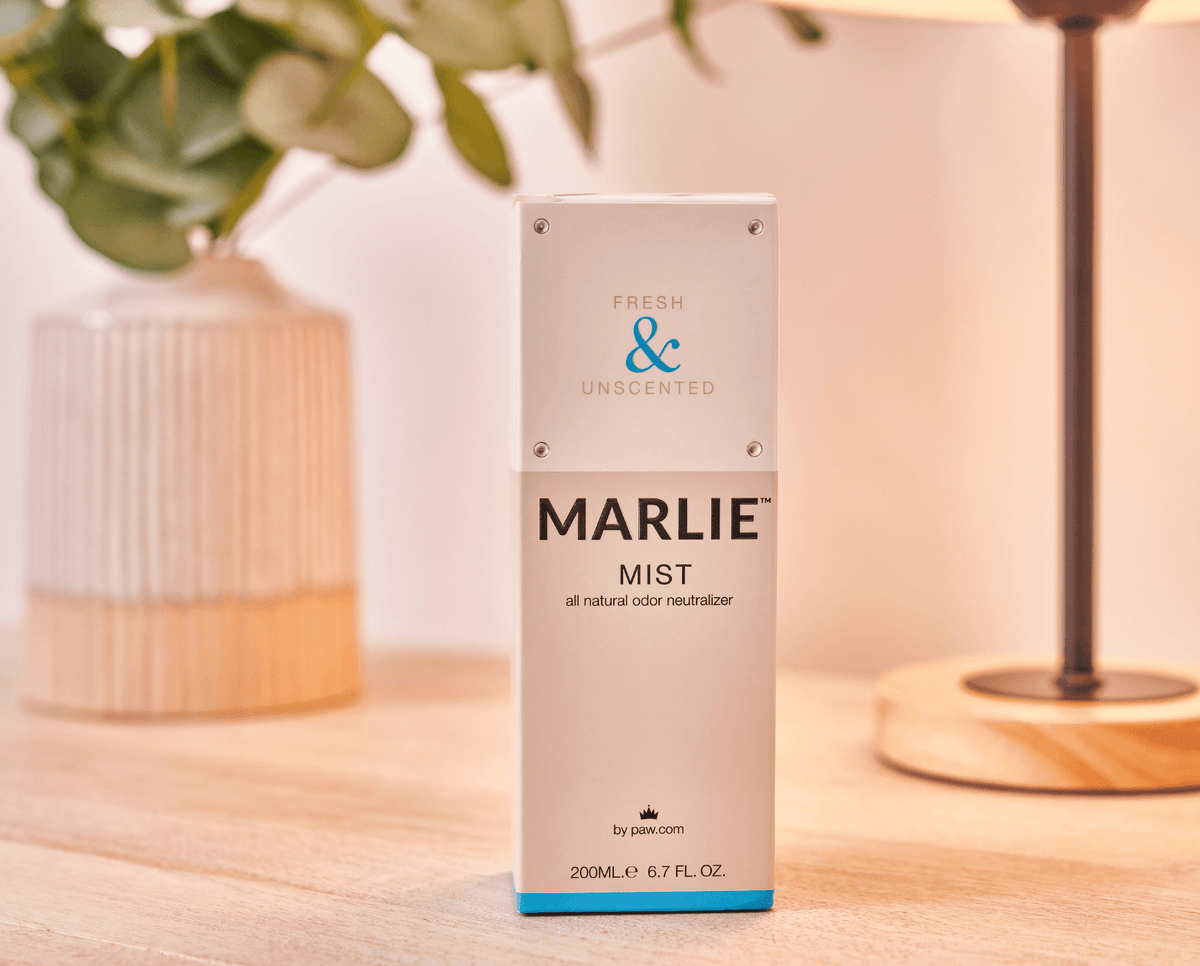 Marlie Fresh & Unscented pet odor eliminator spray bottle, upright on table