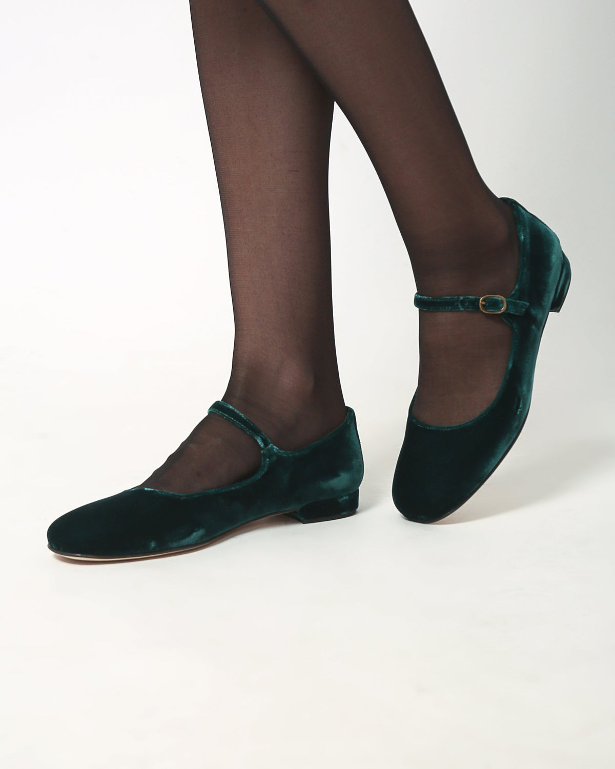 Dark teal velvet Mary Jane low heels with oval buckle ankle strap