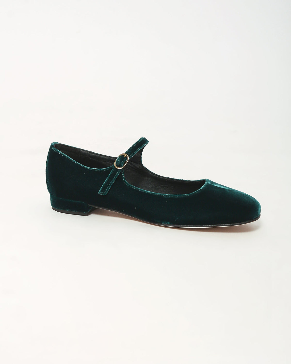 Dark teal velvet Mary Jane flats with ankle strap and low block heel