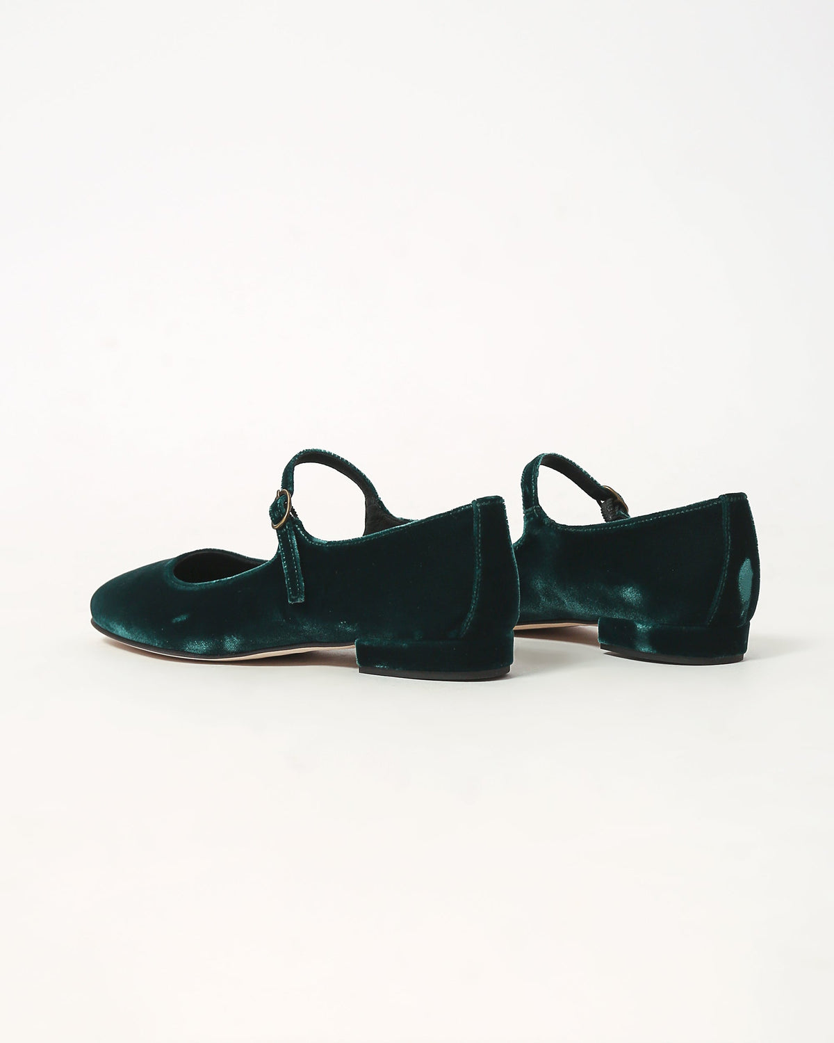 Dark teal velvet Mary Jane shoes with ankle strap and low stacked heel