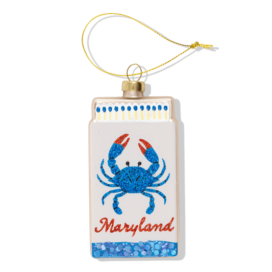 Maryland matchbook ornament with blue glitter crab and red Maryland text