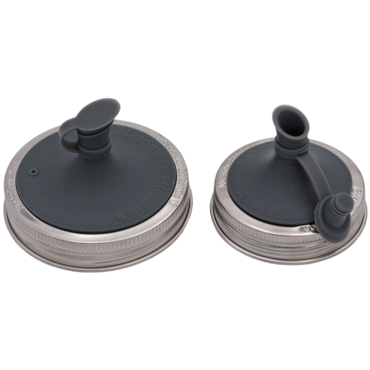 Charcoal gray silicone oil pour lids with loop spout, paired on mason jar bands