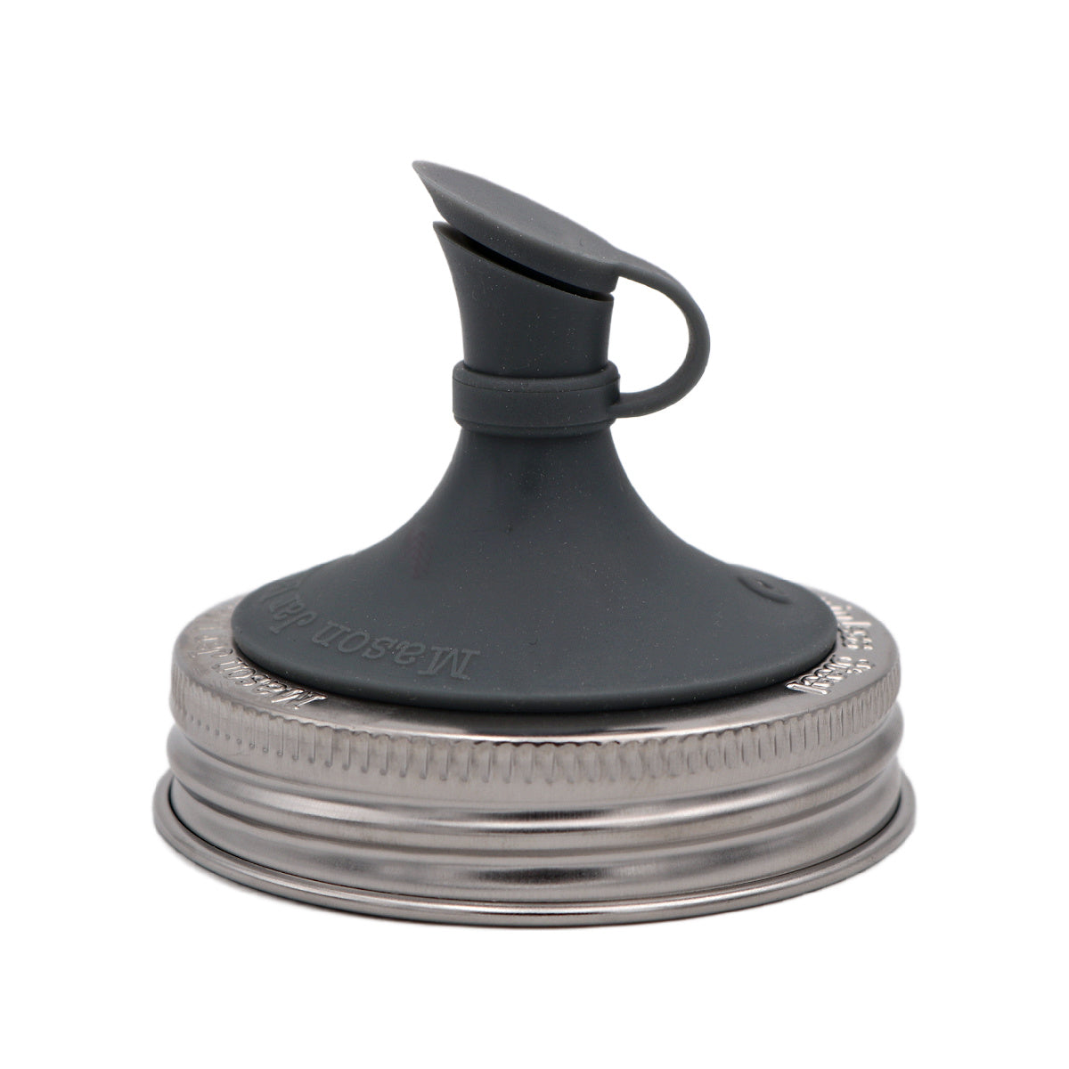 Dark gray silicone pour lid with spout for mason jars, close-up view