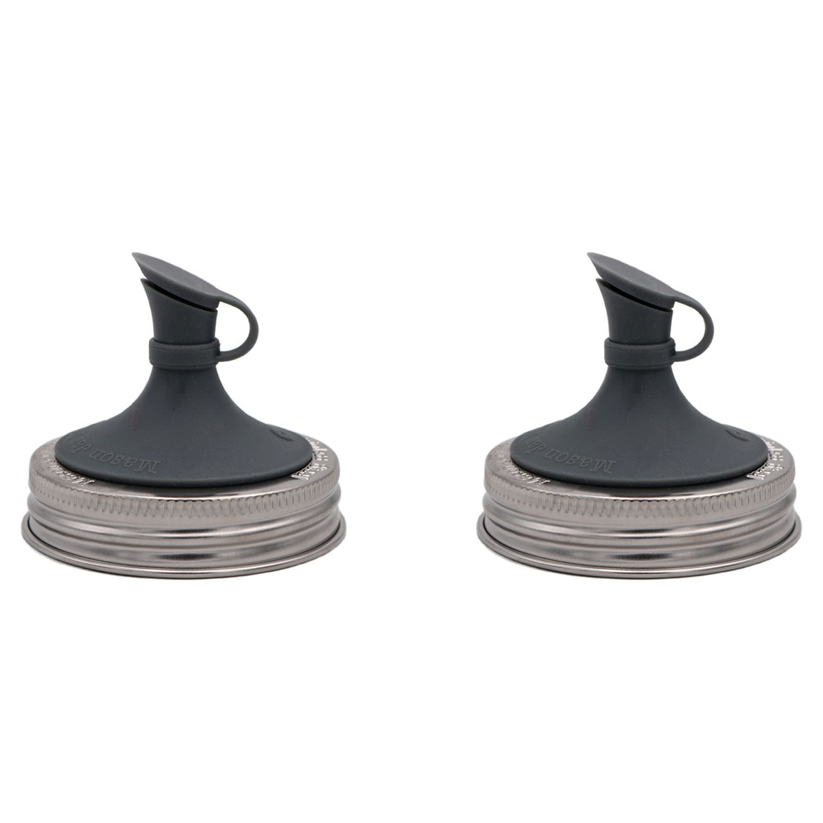 Charcoal gray silicone oil pour lids with spout handle, shown as a pair