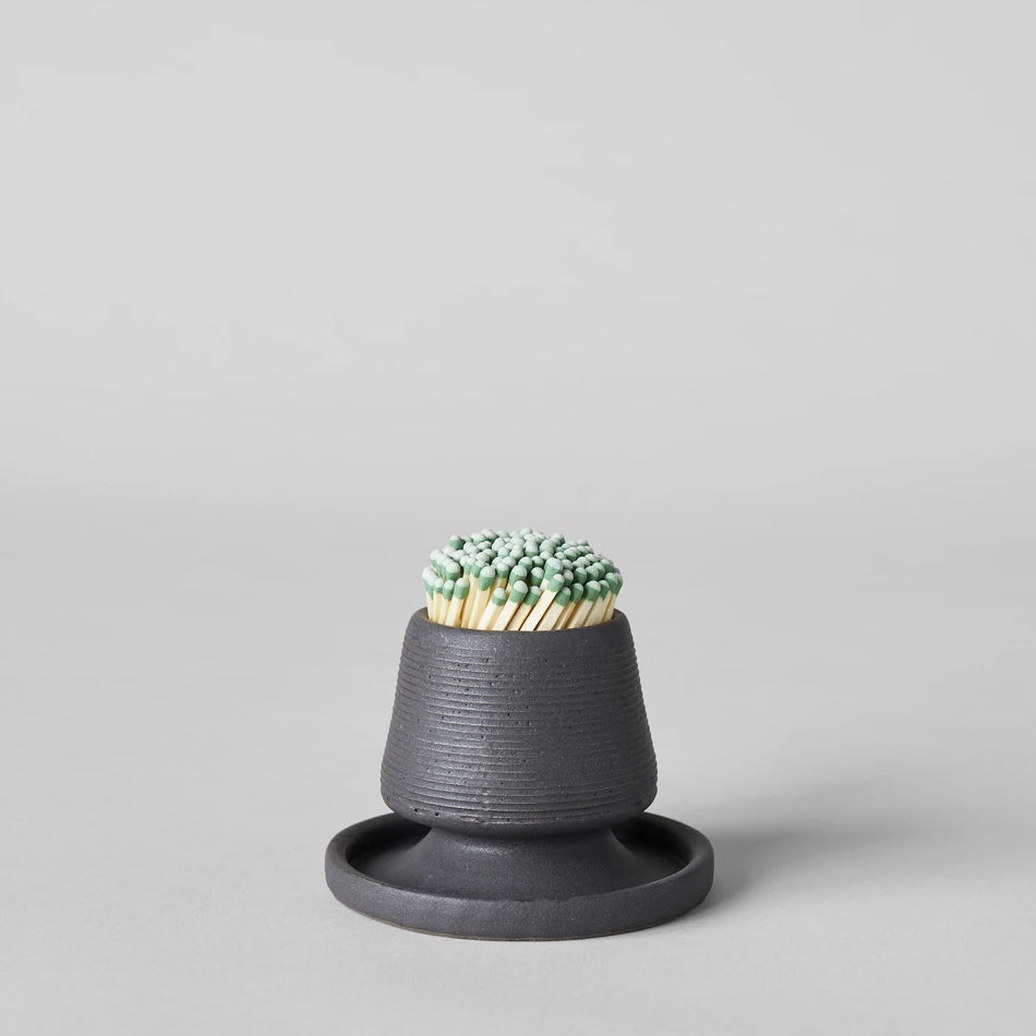 Stoneware match holder with tray, dark gray finish, with green-tipped match sticks