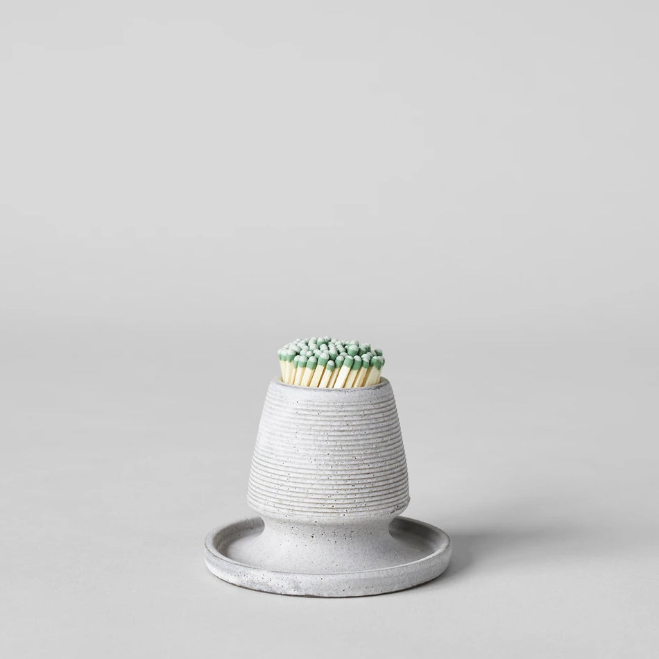 Stoneware match holder with tray, light gray finish, with green-tipped match sticks