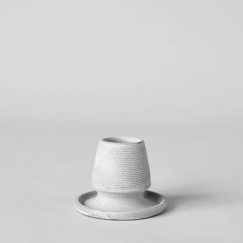 Stoneware match holder with tray, light gray speckled finish