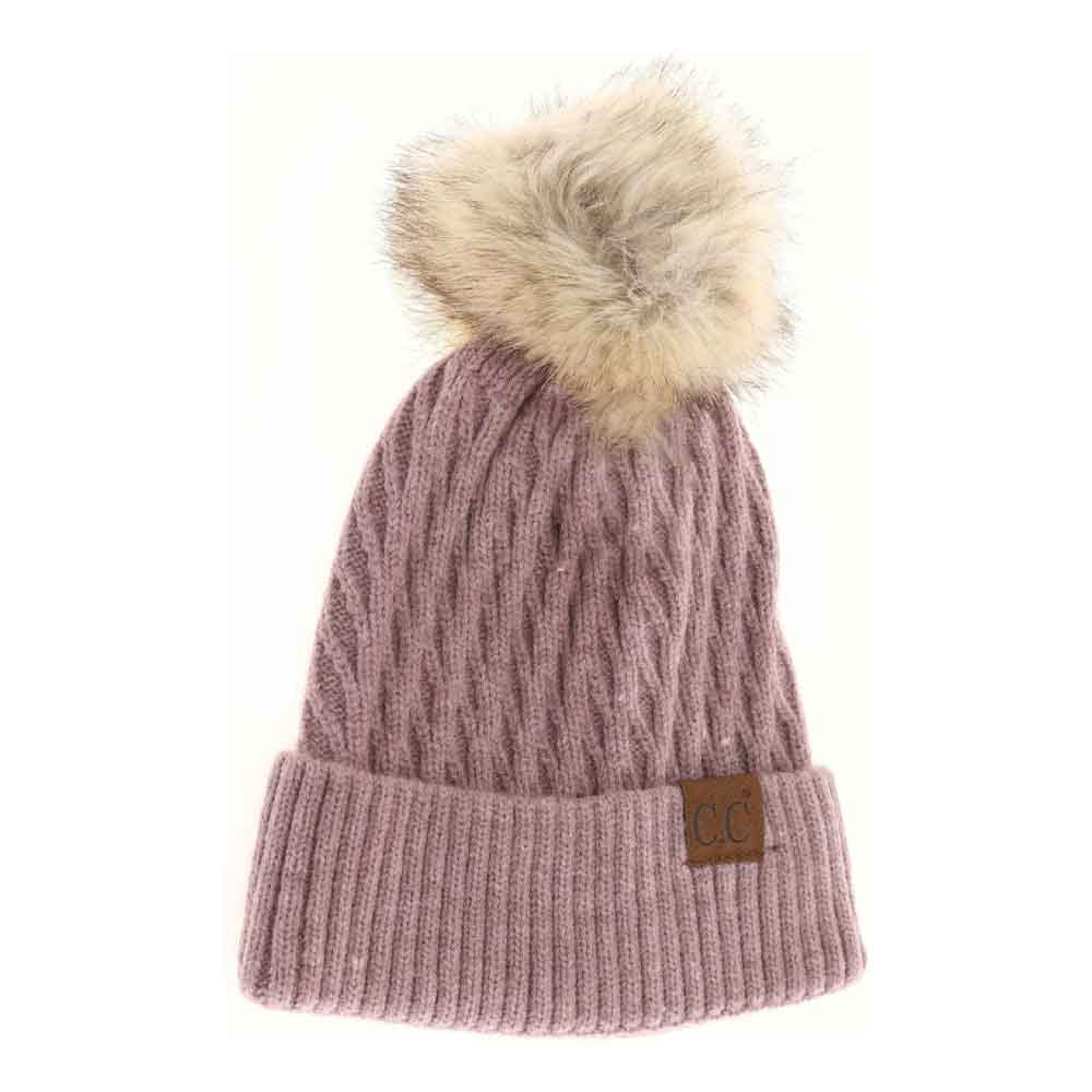 Mauve textured knit beanie with faux fur pom-pom and C.C label patch