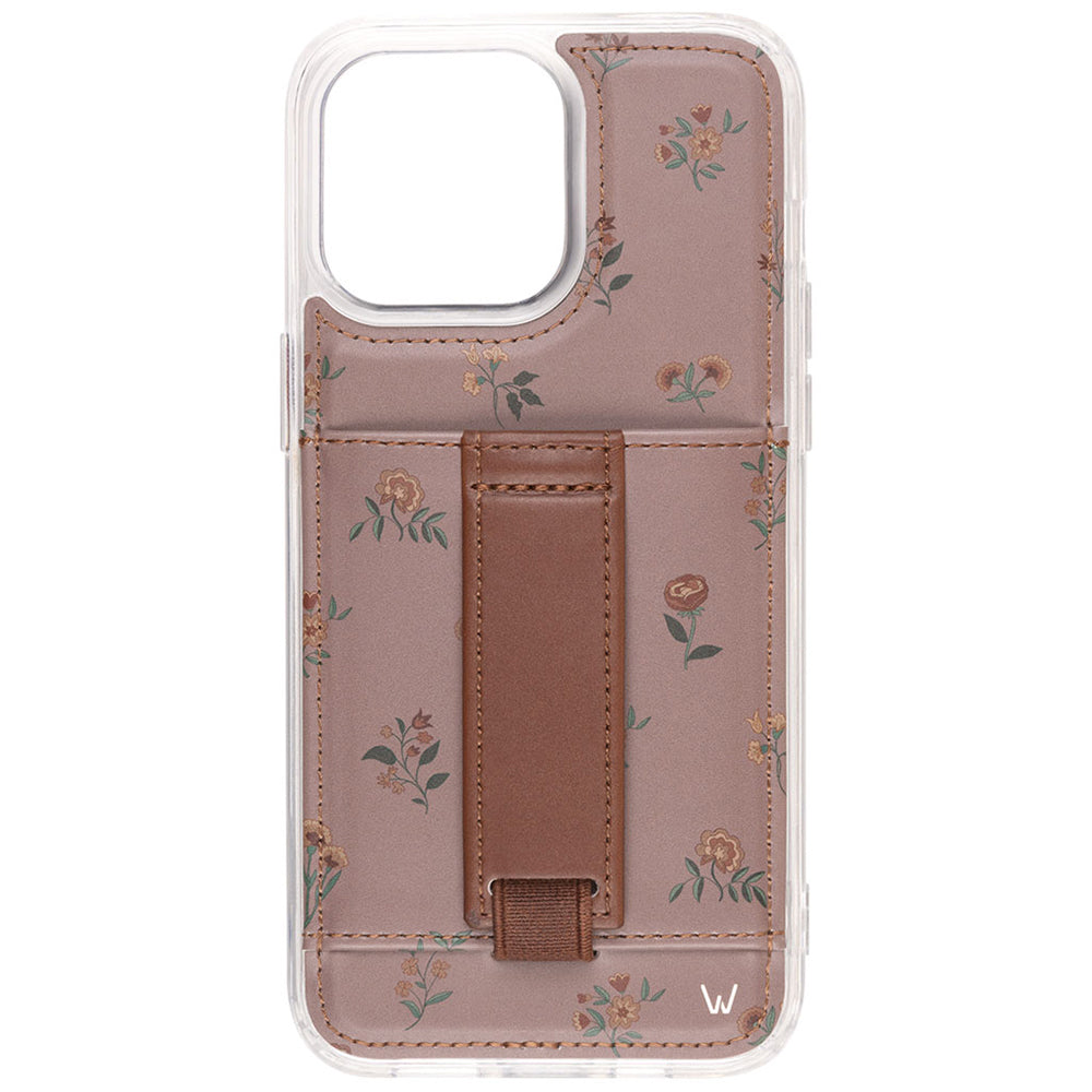 Mauve Meadow phone case with floral pattern, brown strap, and camera cutouts