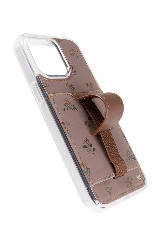 Clear phone case with mauve floral leather-look strap and clip