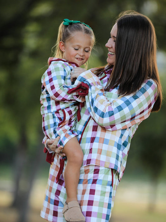 Plaid pajama set for mom and child with long-sleeve button front and tied shorts