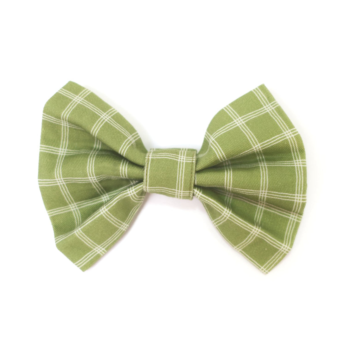 Green windowpane fabric bow tie for dogs with tied center knot