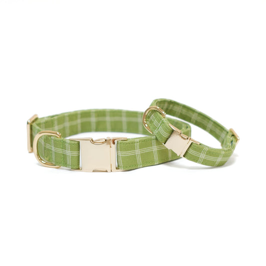 Green windowpane dog collar with adjustable buckle and metal D-ring