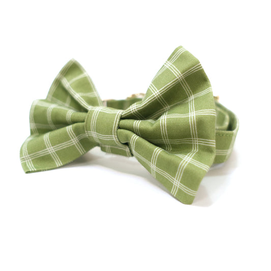 Green windowpane fabric dog bow tie