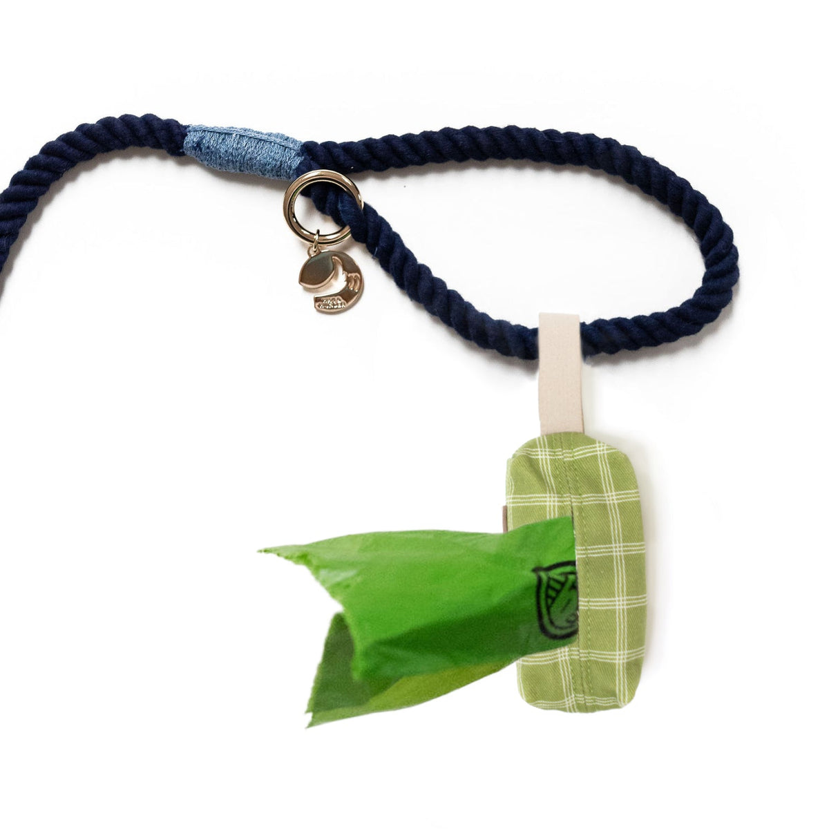 Navy leash with keyring and green windowpane waste bag holder pouch, zipper top.