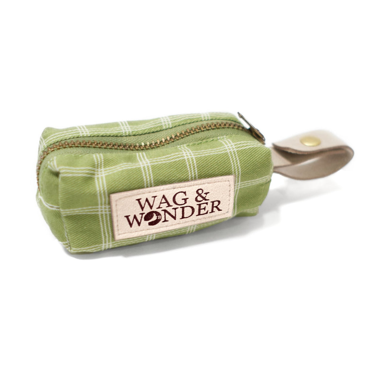 Green windowpane plaid waste bag holder pouch with zipper and leather strap, WAG & WONDER.