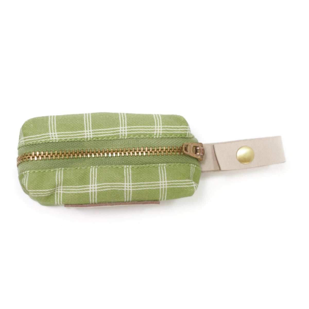 Green windowpane waste bag holder pouch with gold zipper and beige leather strap.
