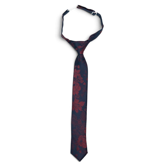 Boys necktie in dark navy and merlot with textured floral pattern