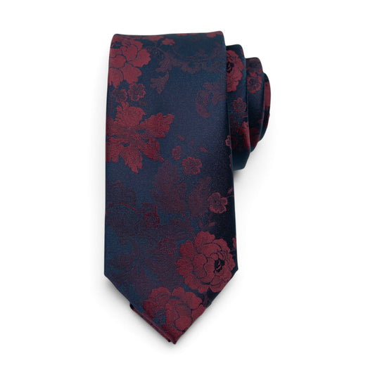 Men's floral necktie in dark navy with merlot red rose pattern.