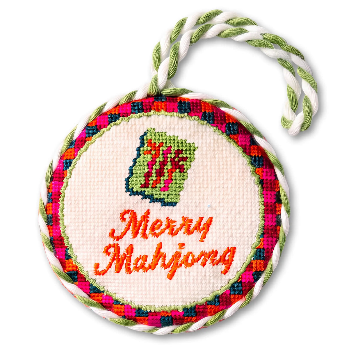 Round needlepoint ornament with green mahjong icon and “Merry Mahjong” text, braided loop