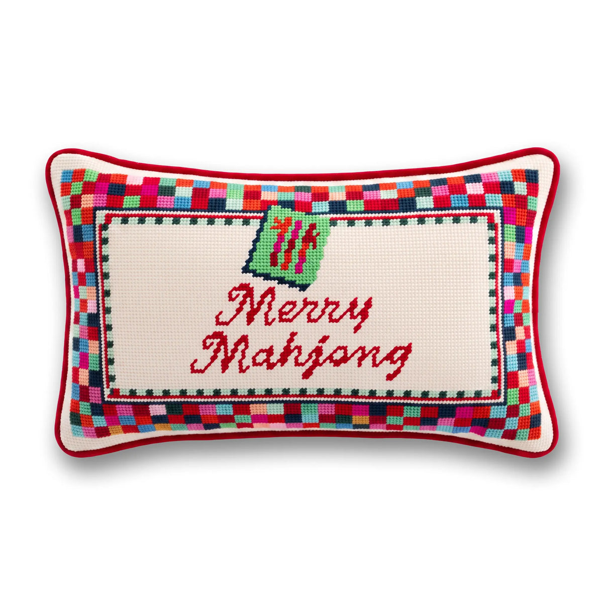 Needlepoint decorative pillow with red plaid border and "Merry Mahjong" text