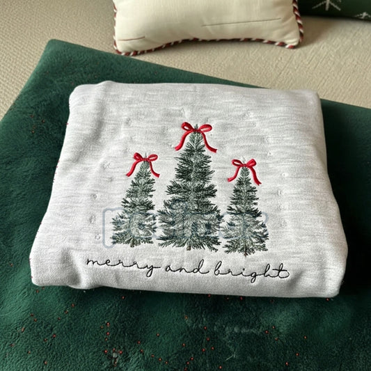 Sport grey sweatshirt with embroidered Christmas trees, red bows, 'merry and bright' script