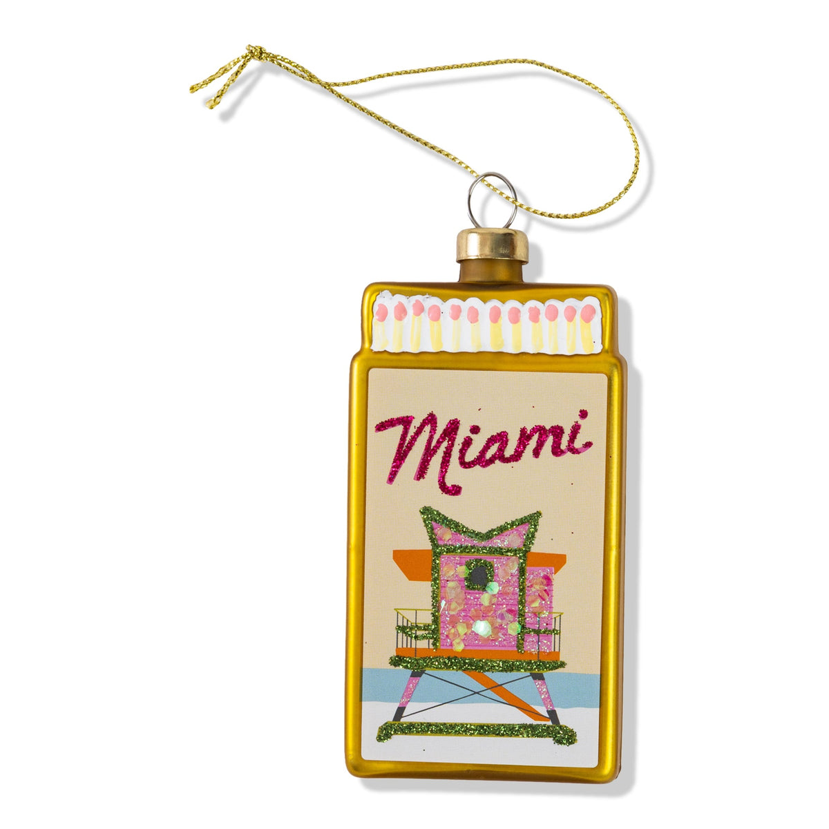 Gold-framed matchbook ornament with hanging cord, 'Miami' design and chair graphic