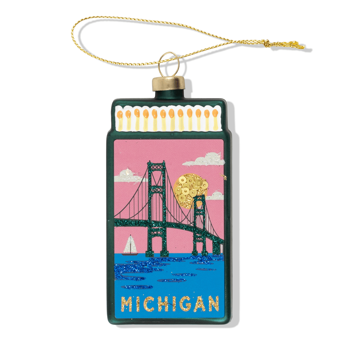 Michigan matchbook ornament with green frame, bridge and heart design, hanging on gold cord