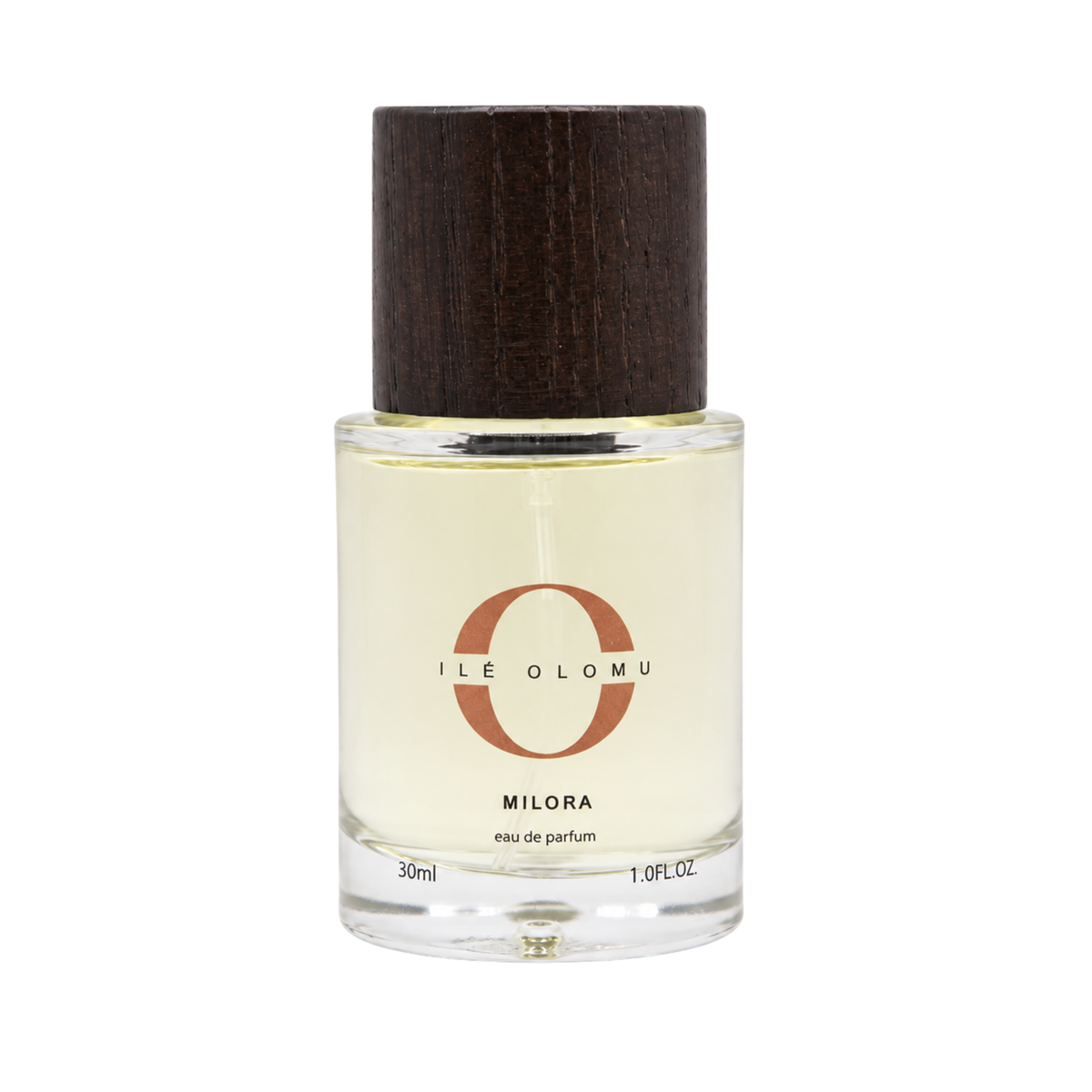 Milora eau de parfum bottle, clear glass with dark wooden cap, 30ml