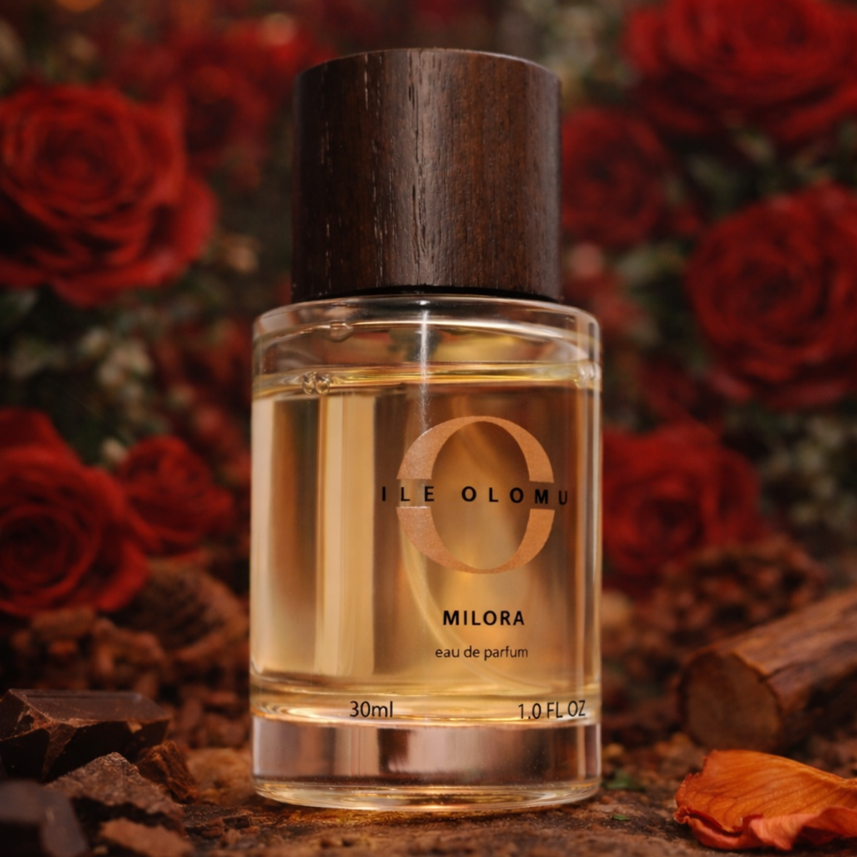 30ml eau de parfum bottle with amber liquid and dark wooden cap