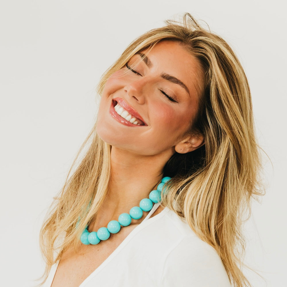 Mindi multipurpose bag charm necklace with aqua round beads