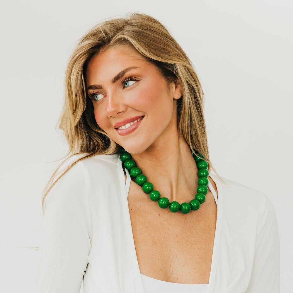 Mindi multipurpose bag charm necklace with emerald green round beads
