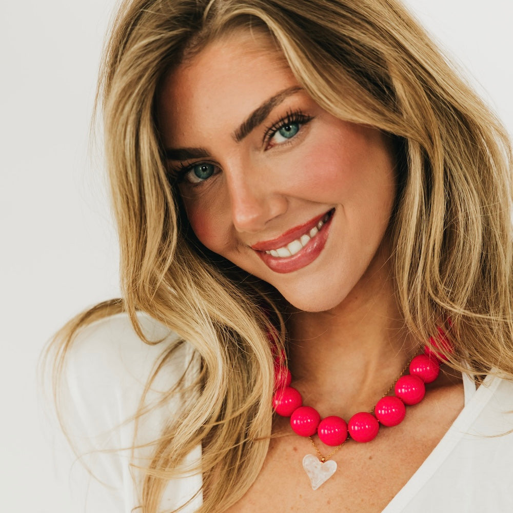 Mindi multipurpose bag charm necklace with hot pink round beads and heart charm