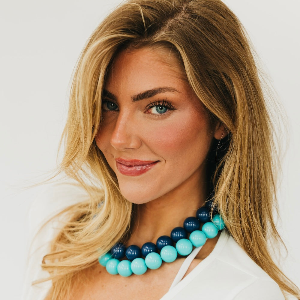 Mindi multipurpose bag charm necklace with aqua and navy round beads