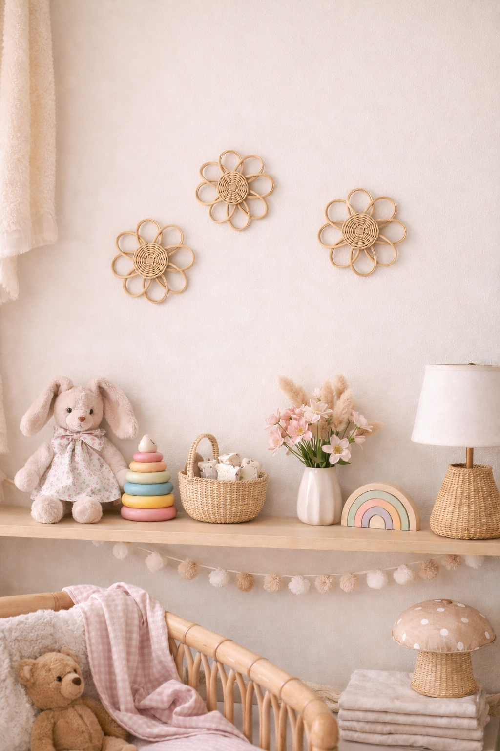 Three natural rattan flower wall decorations in a nursery