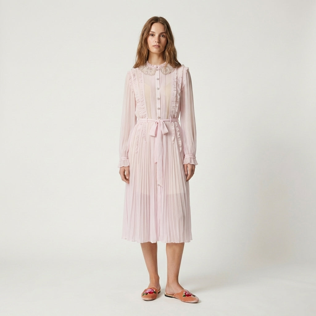 Peach blush velvet mule slippers with floral peony-style embroidery on the front