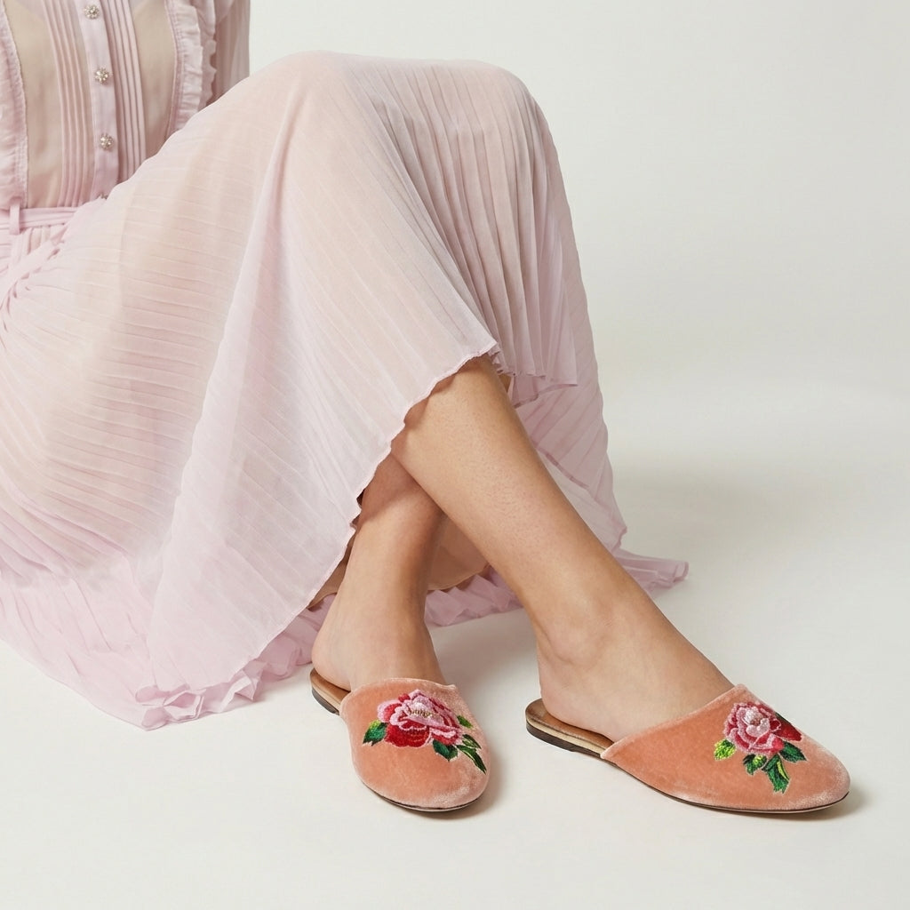 Peach velvet peony-embroidered mules worn with feet, flat slide style