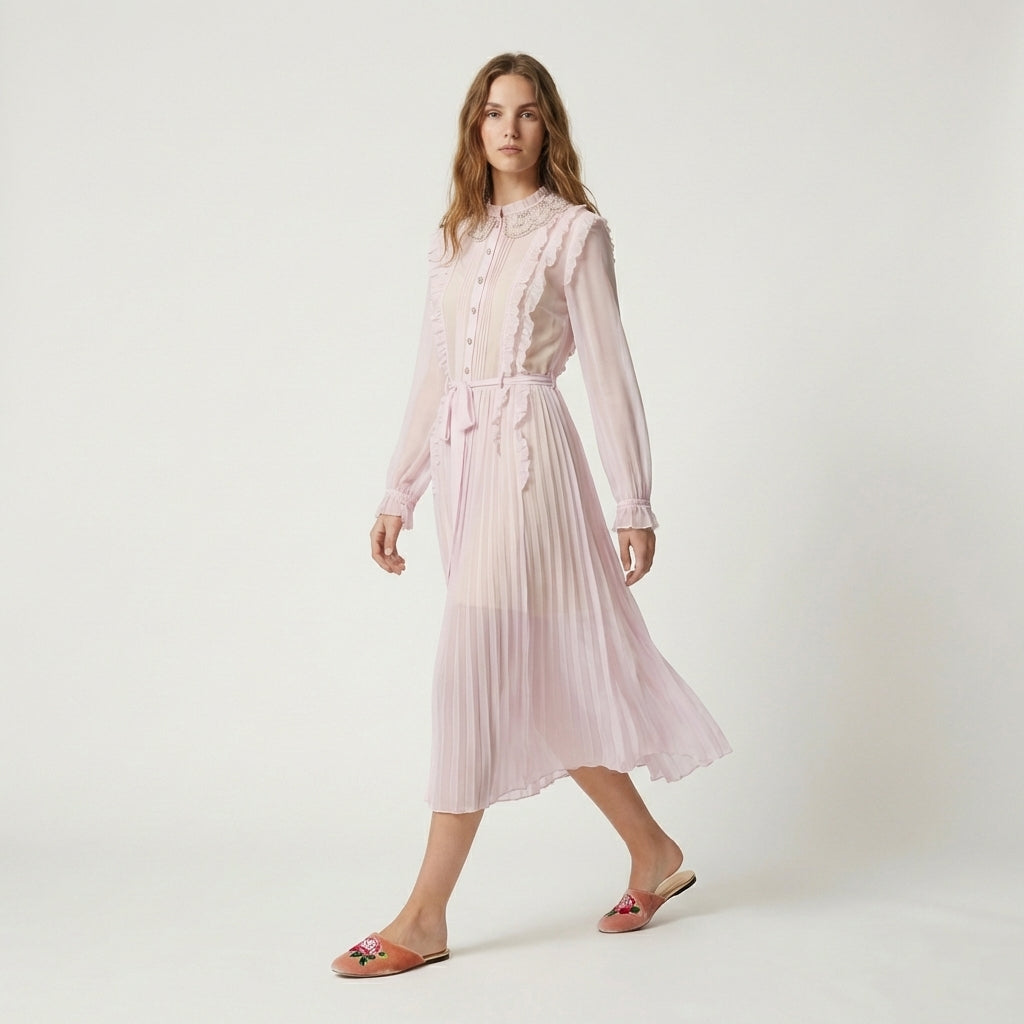 Peach velvet slip-on mule flats with colorful peony-style embroidery detail